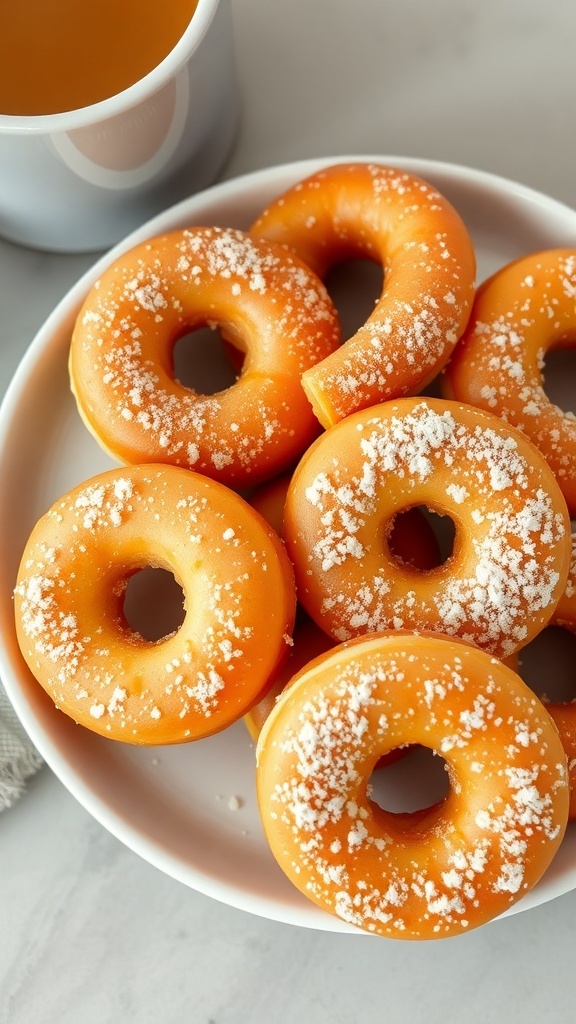 A plate of golden 8-shaped donuts dusted with powdered sugar, accompanied by a cup of coffee.